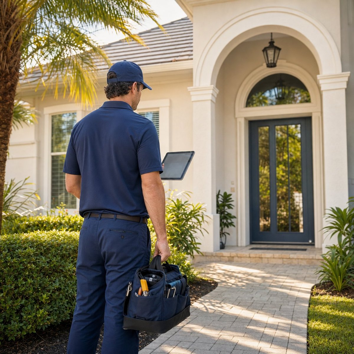 Property-care professional reviewing a Florida home before service